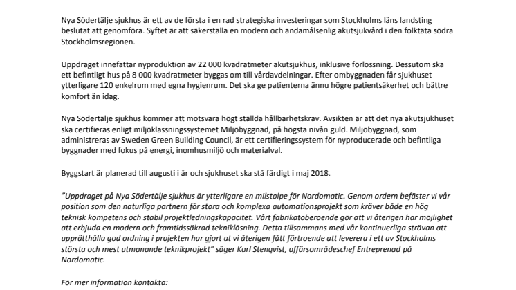 Nytt stort och utmanande sjukhusprojekt till Nordomatic AB