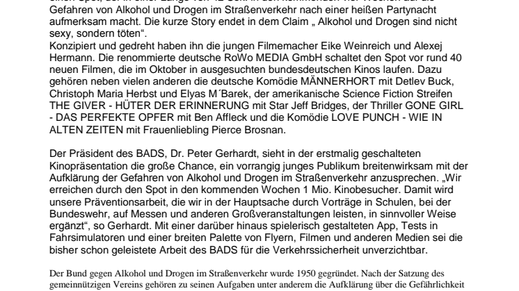 BADS startet Präventionsspot im Kino