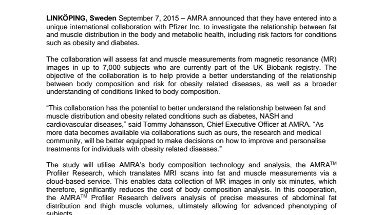  AMRA tillkännager samarbete med Pfizer för att hjälpa till att identifiera dem som löper störst risk metabola sjukdomar
