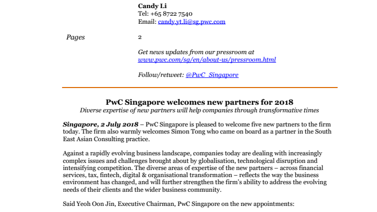 PwC Singapore welcomes new partners for 2018