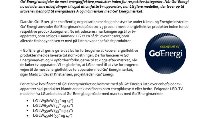 LG’s LED-TV anbefales af Go’ Energimærket