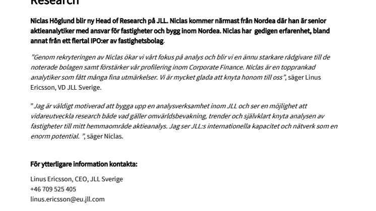 JLL rekryterar topprankad aktieanalytiker som Head of Research