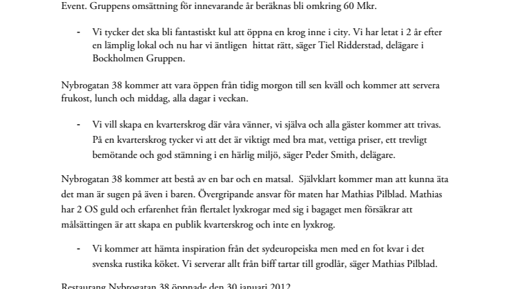 Bockholmen Gruppen öppnar kvarterskrogen Nybrogatan 38