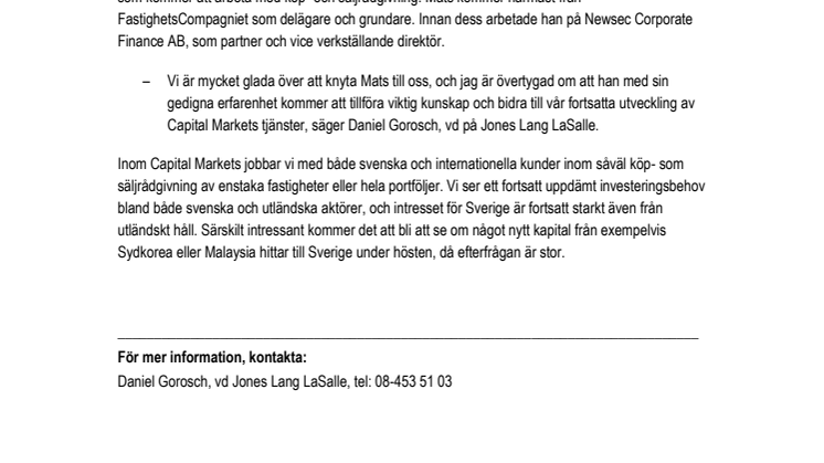 Jones Lang LaSalle rekryterar Mats Lindholmer till Capital Markets 