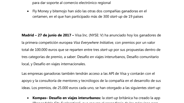 La start-up Kompas gana 50.000 euros en la primera iniciativa europea Visa Everywhere 