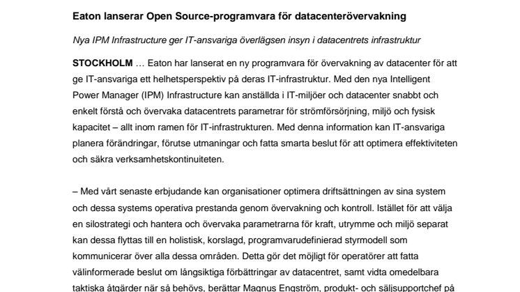 Eaton lanserar Open Source-programvara för datacenterövervakning 
