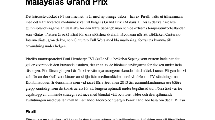 Pirellis hårdaste däck debuterar i Malaysias Grand Prix