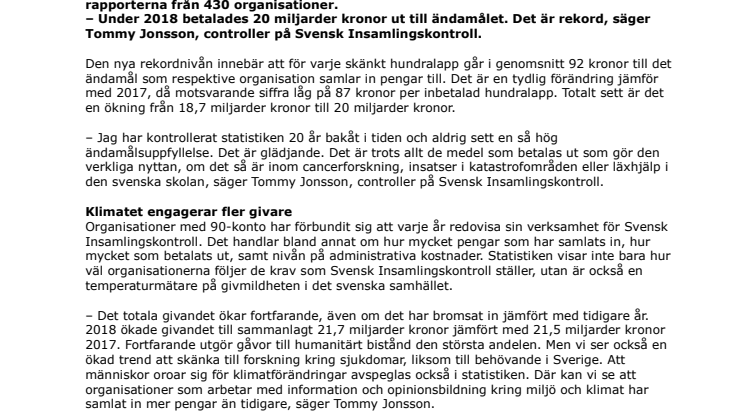 Utbetalningar till ändamålet på rekordnivå – Svensk Insamlingskontroll redovisar statistik för 2018