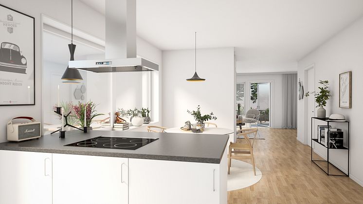 3D-illustration över kök/matrum i Villa Herrgården - Nöbbele Herrgård
