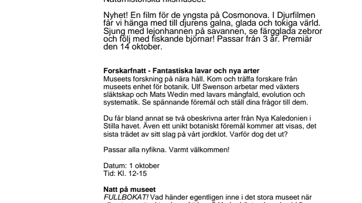 Det händer på Naturhistoriska riksmuseet i oktober