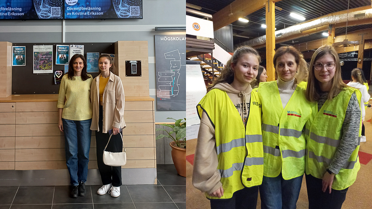 Till vänster: Olena Yehorova och hennes dotter Mariia, på Högskolan Väst. Till höger: Mariia, Olena och ukrainska Katya ställer upp som frivilliga för att hjälpa andra ukrainare som anländer till Sverige.
