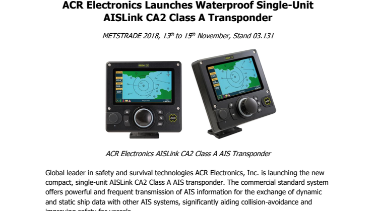 ACR Electronics Launches Waterproof Single-Unit AISLink CA2 Class A Transponder