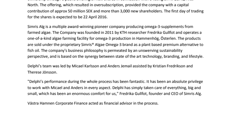 Delphi advised Simris Alg AB (publ) in connection with an IPO
