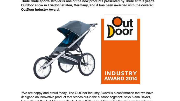 Thule receives the prestigious OutDoor Industry Award for the new sport stroller Thule Glide