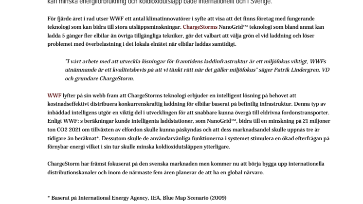 ChargeStorm utsedd till Climate Solvers av Världsnaturfonden 