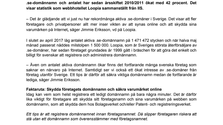 Rekordnotering – .se passerar 1 500 000 aktiva domäner