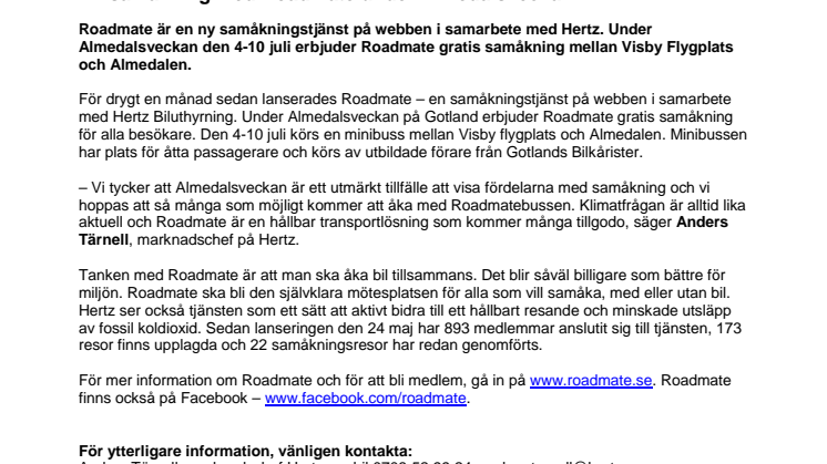 Fri samåkning med Roadmate under Almedalsveckan