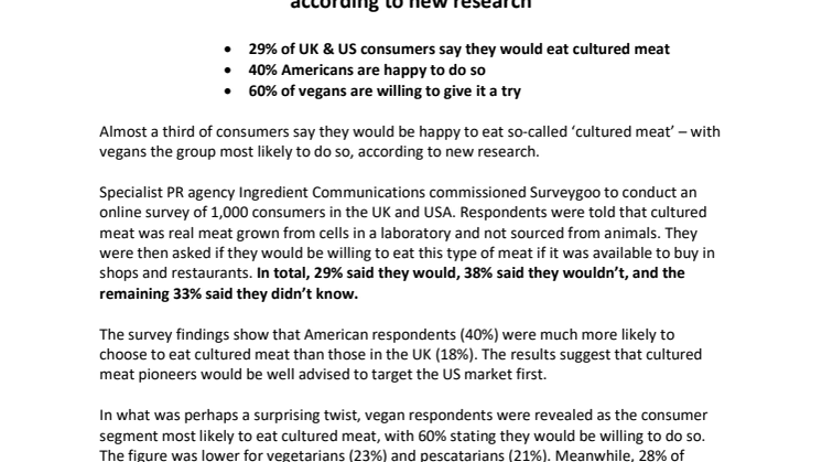 PRESS RELEASE – Nearly one in three consumers willing to eat lab-grown meat,  according to new research