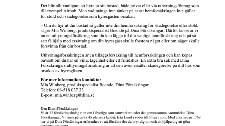 Dina Försäkringars nya uthyrningsförsäkring ger ökad trygghet för dig som hyr ut din bostad  