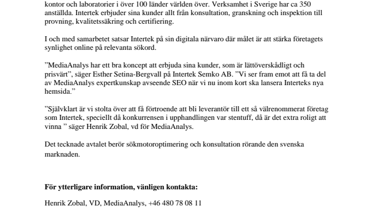 Nytt prestigefyllt sökuppdrag - Intertek väljer MediaAnalys.  