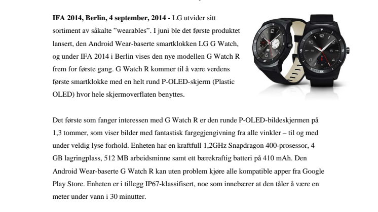PREMIERE FOR LGs NYE SMARTKLOKKE G WATCH R UNDER IFA 2014