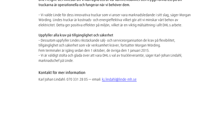 DHL valde Linde som leverantör av truckar