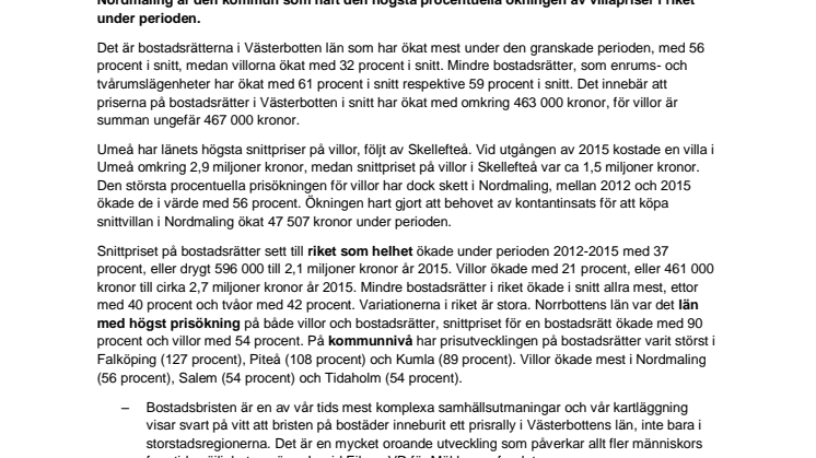 Bostadsbristen har skapat rekordhög prisutveckling i Västerbottens län åren 2012-2015