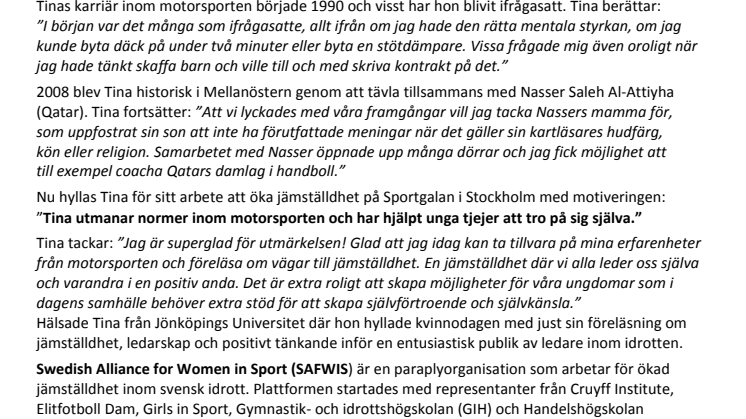 Årets förebild SAFWIS: Tina Thörner för arbetet att öka jämställdhet