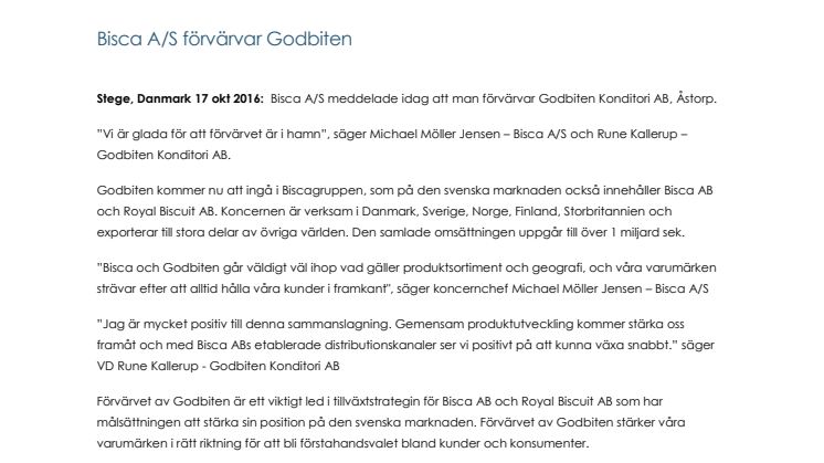 Bisca A/S förvärvar Godbiten Godbiten Konditori AB, Åstorp