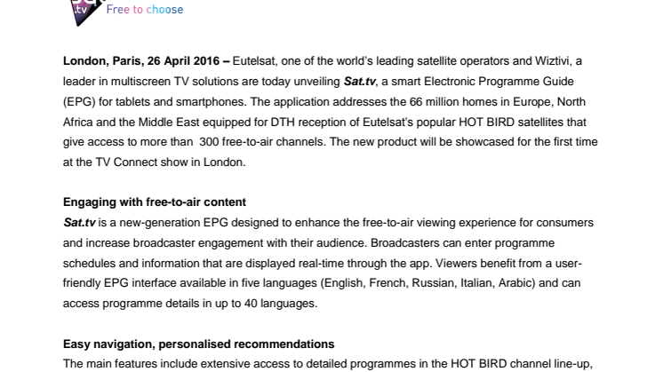 New app launched by Eutelsat and Wiztivi to transform navigation of free satellite TV channels for millions of HOT BIRD viewers