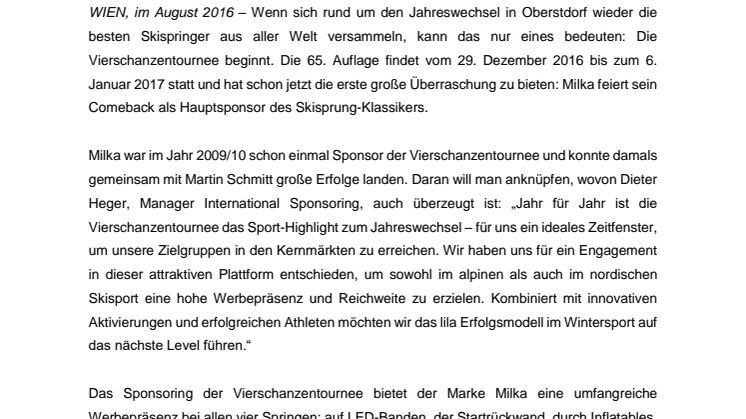 Das Comeback bei der Vierschanzentournee: Milka wird Hauptsponsor 