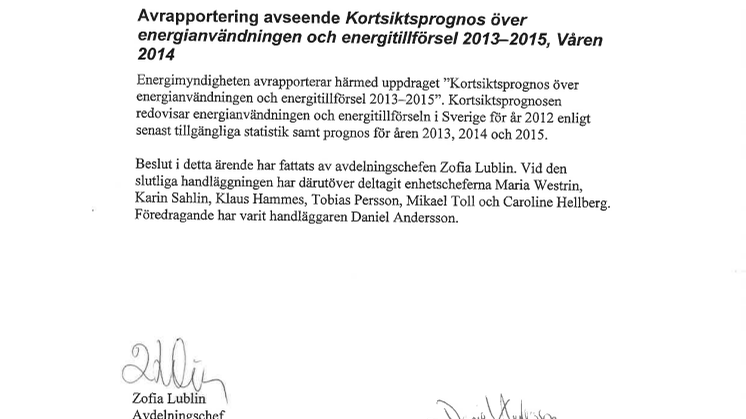Energimyndighetens kortsiktsprognos (2013-008916