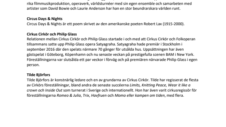 Philip Glass skriver cirkusopera till Cirkus Cirkör 