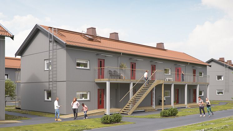Illustration av entrésida, BoKlok Goliat i Hammarkullen. 