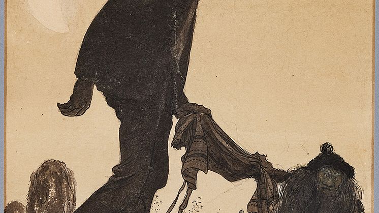 "Han förde honom över vägar och stigar, över berg och backar. Och hela tiden sov han" av John Bauer