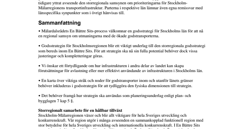Remissvar avseende förslag till Godsstrategi för Stockholmsregionen