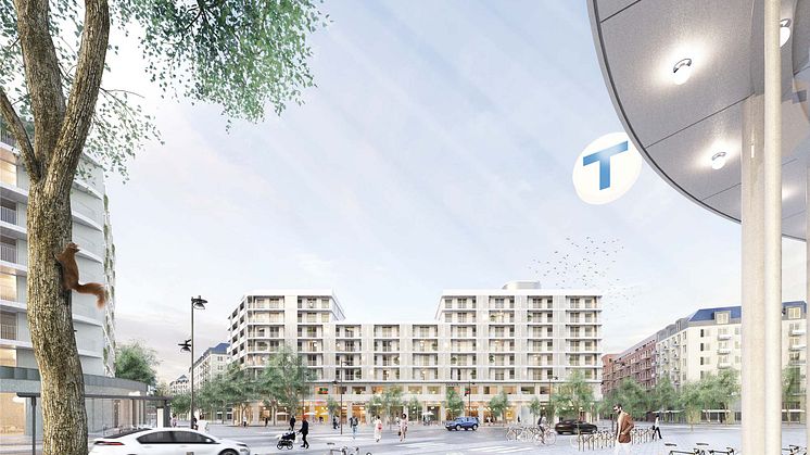 Visionsbild över torget i Barkarbystaden och kvarter Atlas, bild: DinellJohansson.