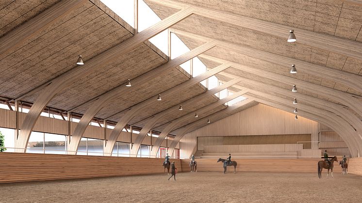 Den nya ridanläggningen i Romme blir till övervägande del en träkonstruktion i enlighet med Borlänge kommuns träbyggnadsstrategi. Bild: Bygg Partner Dalarna