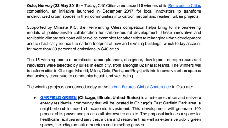 First Round of 15 Winners of Reinventing Cities Competition Announced, Creating New Beacons of Sustainable Design and Construction