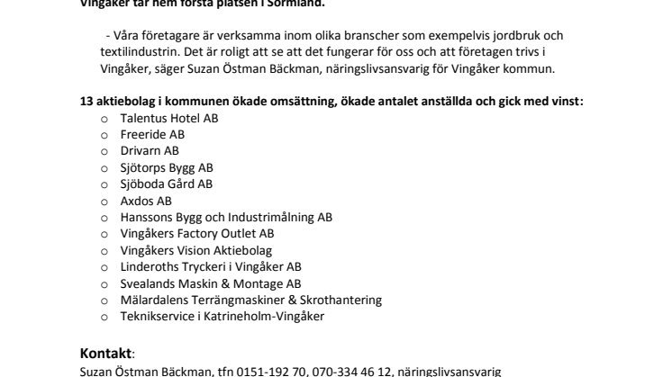 Vingåker kommun Bästa Tillväxt i Sörmland för tredje året i rad 