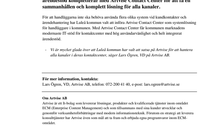 Artvise Contact Center till Luleå kommun!
