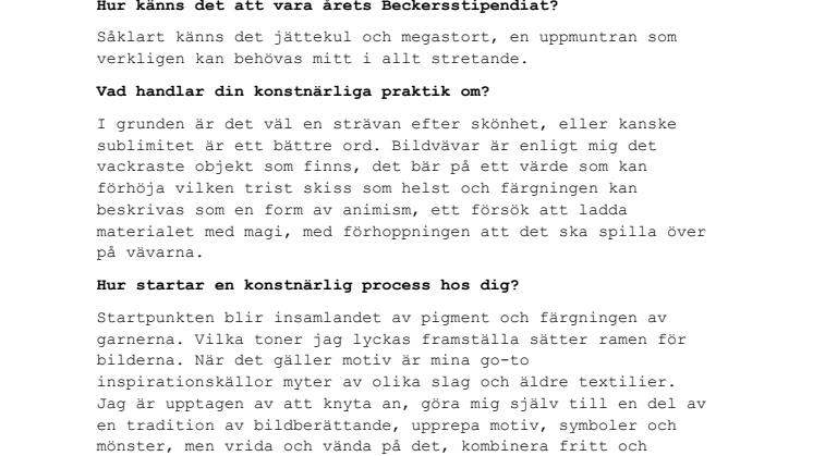 Intervju med Lisa Englund, Beckers konstnärsstipendium 2025