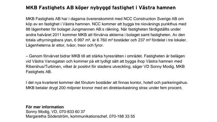 MKB Fastighets AB köper nybyggd fastighet i Västra hamnen