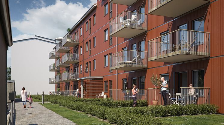 Illustration av gårdssida med balkonger/altaner och gemensamma gräsytor, BoKlok Arboristen i Falun. 