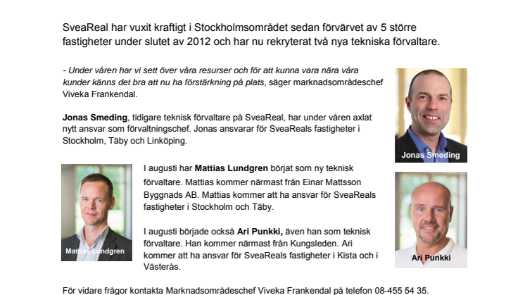 SveaReal stärker upp teknisk förvaltning i Stockholm