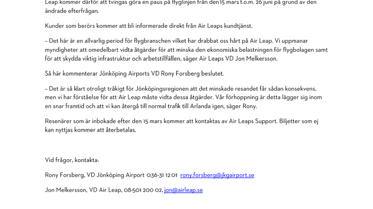 Air Leap tvingas pausa flyglinjen Jönköping - Arlanda