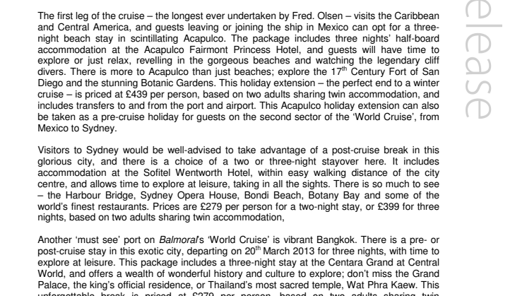 Make the most of your epic Fred. Olsen Cruise Lines’  Balmoral ‘World Cruise’ with a holiday extension