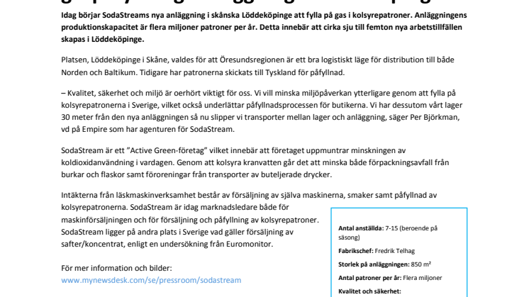SodaStream öppnar gaspåfyllningsanläggning i Löddeköpinge