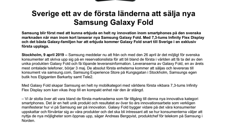 Sverige ett av de första länderna att sälja nya Samsung Galaxy Fold 