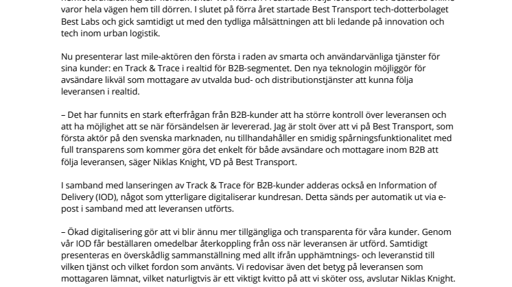 Best Transport revolutionerar kundupplevelsen för B2B-segmentet